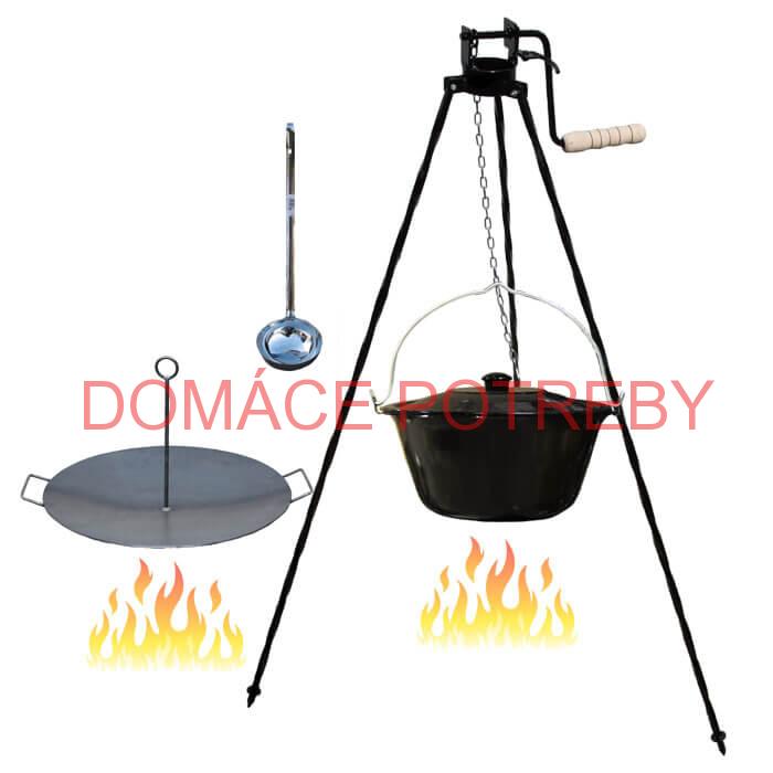 Smaltovaný kotlík 20 L (1,2 mm) + panvica na grilovanie a stojan s kladkou VAR