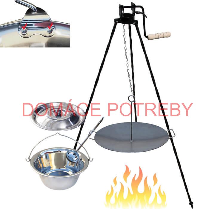 Antikorový kotlík 15 L (0,8 mm) s nitmi + panvica na grilovanie a stojan s kladkou VAR