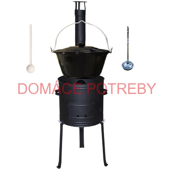 Smaltovaný kotlík 13 L (1,2 mm) + kovová kotlina s vysokými nožičkami 36 cm + vareška a naberačka