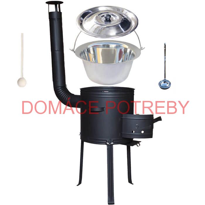 Antikorový kotlík 15 L (1,2 mm) + kovová kotlina s vysokými nožičkami 36 cm, žiaruvzdorná farba Plus 700 + vareška a naberačka