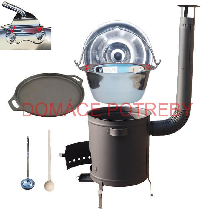 Nerezový kotlík 20 L (0,8 mm) zosilnený s nitmi + Liatinová panvica 43 cm + hrubostenná (1,5 mm) a žiaruvzdorná kotlina 42 PLUS 600