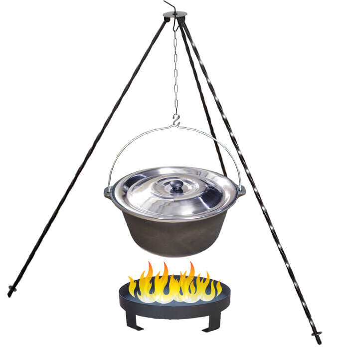 Liatinový kotlík 10,8 L + nerezová pokrievka + trojnožka 1,2 m + ohnisko 36 cm