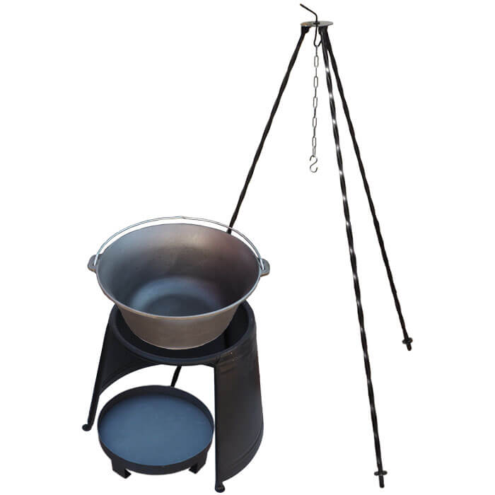 Liatinový kotlík 7,2 L + chránič plameňa 32 cm + ohnisko 36 cm + trojnožka 1,2 m