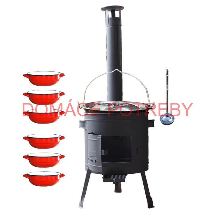 Smaltovaný kotlík 25 L + selské misky 6 ks + nízka žiaruvzdorná kotlina 42 cm PLUS 600