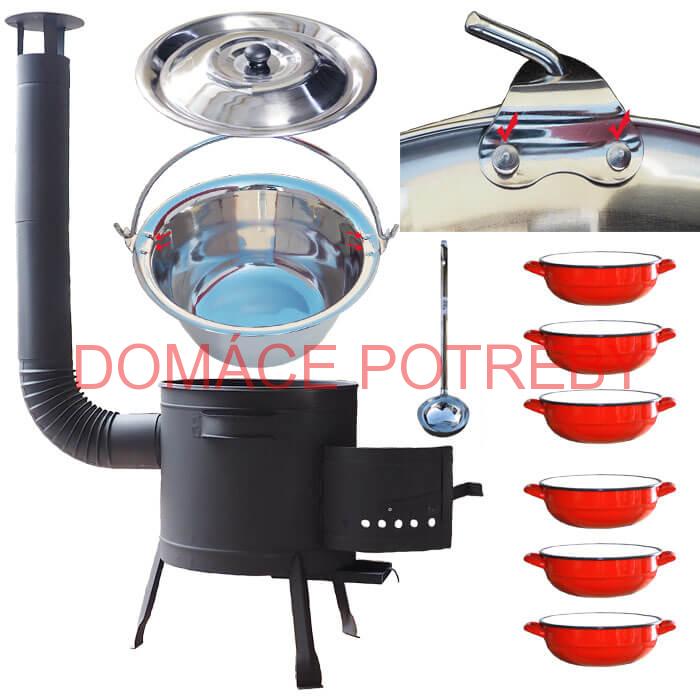 Nerezový kotlík 15 L (0,8 mm) s nitmi INOX + selské misky 6 ks + nízka žiaruvzdorná kotlina 36 cm PLUS 600
