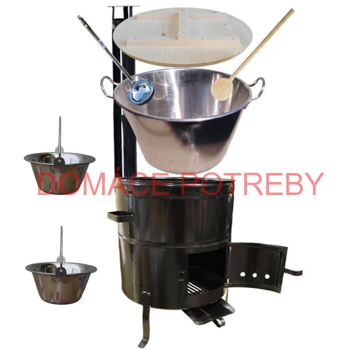 Zabíjačkový nerezový kotol 100 L, kovová kotlina 60 cm, smaltovaná pokrievka + 2 servírovacie antikorové kotlíky