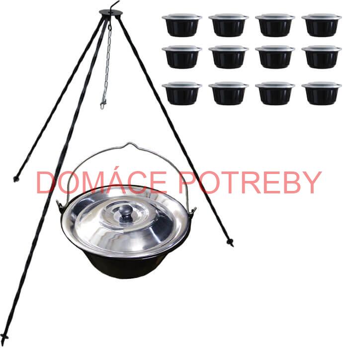 Smaltovaný kotlík 13 L + pokrievka + stojan + misky 12 ks