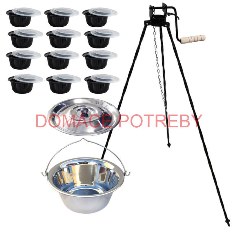 Nerezový kotlík 20 L (0,8 mm) + stojan s kladkou VAR + misky 12 ks