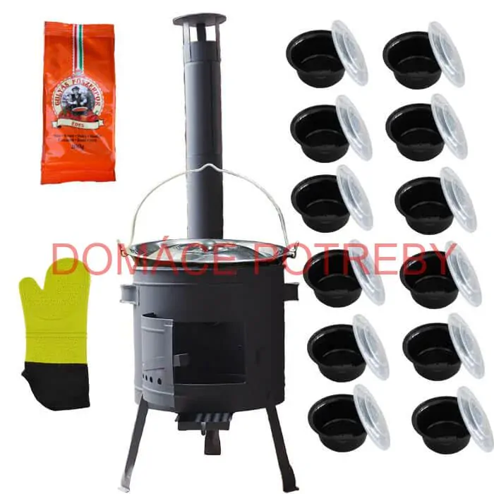 Smaltovaný kotlík 22 L (1,2 mm) + misky 12 ks + nízka žiaruvzdorná kotlina (1,5 mm) 42 PLUS 600