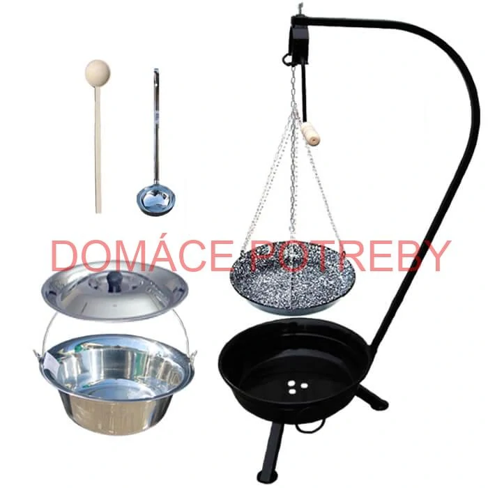 Nerezový kotlík 10 L (1,2 mm) INOX + smaltovaná panvica + ohnisko so stojanom a s poistnou kladkou VAR