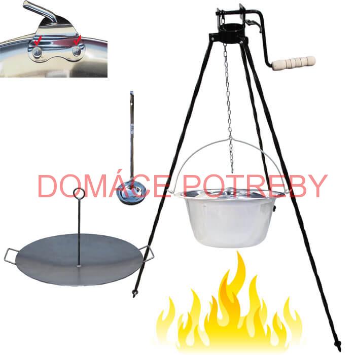 Antikorový kotlík 15 L (0,8 mm) s nitmi + panvica na grilovanie a stojan s kladkou VAR