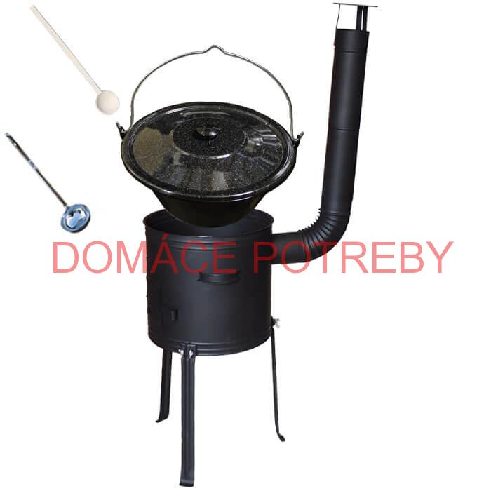 Smaltovaný kotlík 13 L (1,2 mm) + kovová kotlina s vysokými nožičkami 36 cm + vareška a naberačka