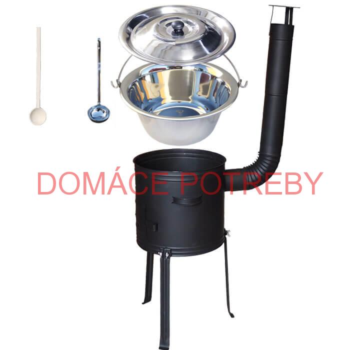 Antikorový kotlík 20 L (1,2 mm) + kovová kotlina s vysokými nožičkami 42 cm, žiaruvzdorná farba Plus 700 + vareška a naberačka