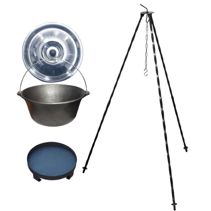 Liatinový kotlík 10,8 L + nerezová pokrievka + trojnožka 1,2 m + ohnisko 36 cm