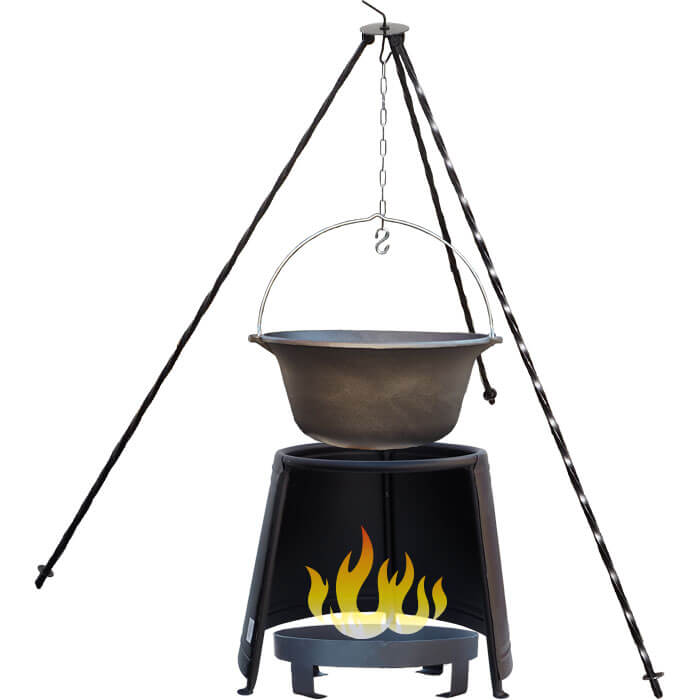 Liatinový kotlík 7,2 L + chránič plameňa 32 cm + ohnisko 36 cm + trojnožka 1,2 m