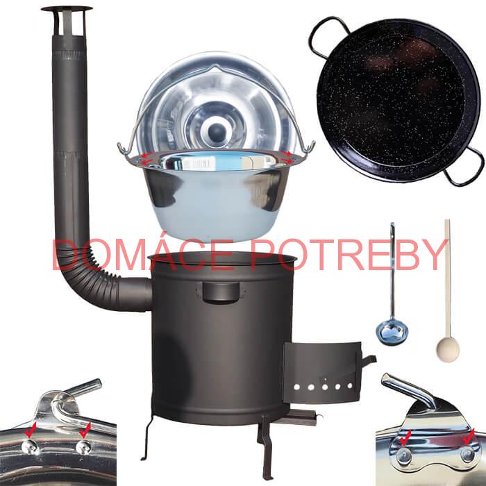 Nerezový kotlík 15 L (0,8 mm) zosilnený s nitmi + Paella panvica 38 cm + hrubostenná (1,5 mm) žiaruvzdorná kotlina 36 PLUS 600