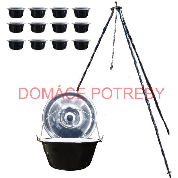 Smaltovaný kotlík 13 L + pokrievka + stojan + misky 12 ks