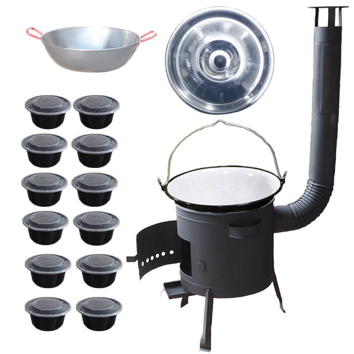 Smaltovaný kotlík 22 L + Panvica PAELLA (WOK) 45 cm + misky 12 ks + nízka kotlina 42 PLUS 600