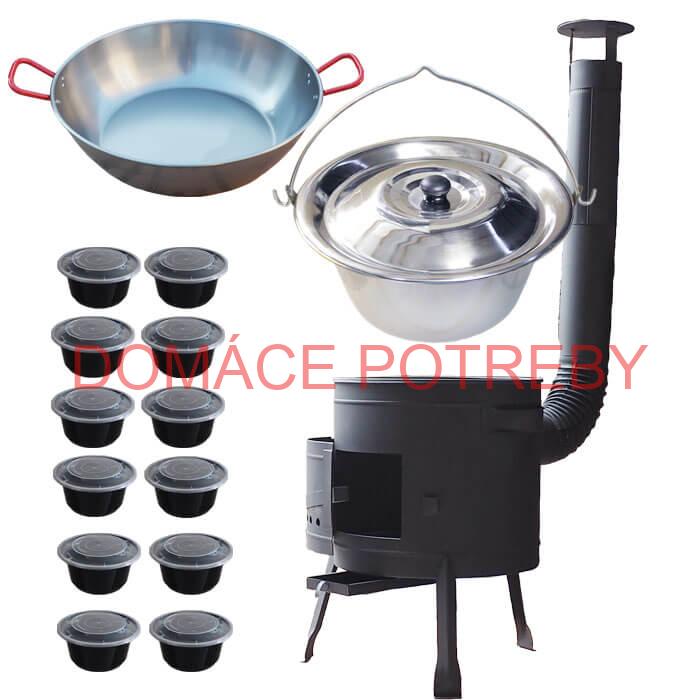 Smaltovaný kotlík 22 L + Panvica PAELLA (WOK) 45 cm + misky 12 ks + žiaruvzdorná kotlina 42 PLUS 600 s roštom na popol 4 mm