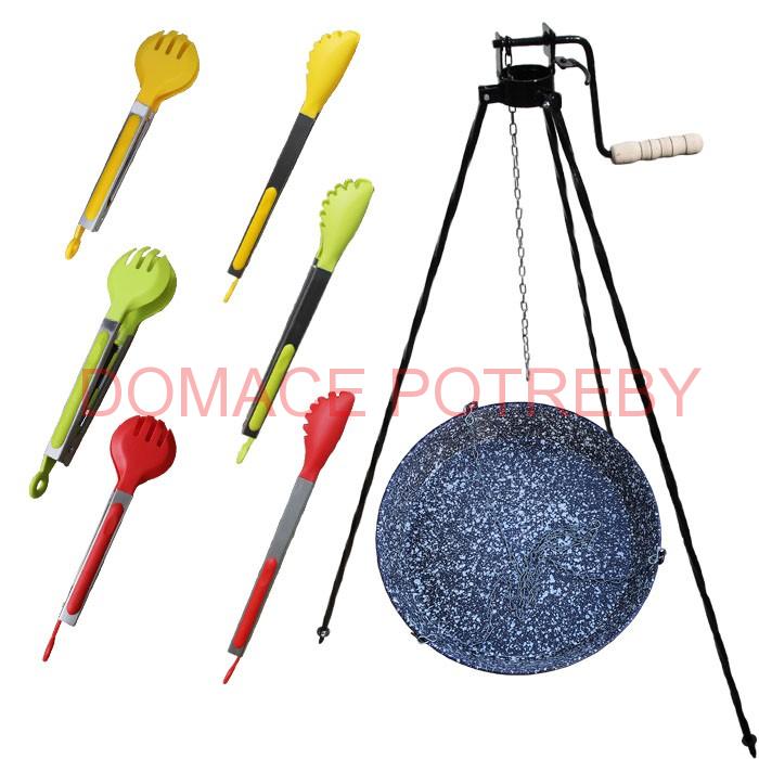 Smaltovaná panvica s retiazkou 42 cm + trojnožka s poistnou kladkou a obracačka na mäso GRILL PARTY 1