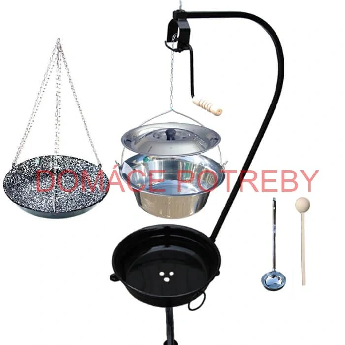 Nerezový kotlík 10 L (0,8 mm) INOX + smaltovaná panvica + ohnisko so stojanom a s poistnou kladkou VAR