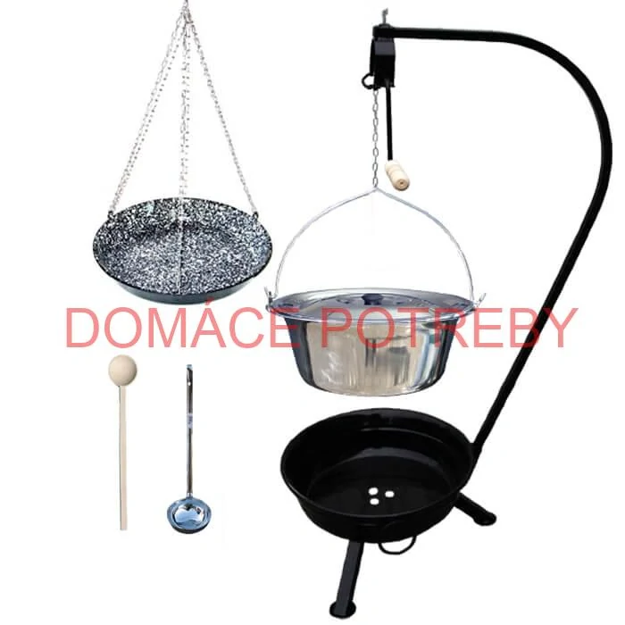 Nerezový kotlík 14 L (0,8 mm) INOX + smaltovaná panvica + ohnisko so stojanom a s poistnou kladkou VAR